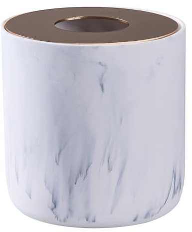 White Marble Textural Mini Trash Can with Rose Gold Stainless Steel Lid, Small Countertop Trash Can for Bathroom Kitchen,Desk Trash Can,Table top Mini Garbage Cans,Resin Tiny Waste Basket for Vanity