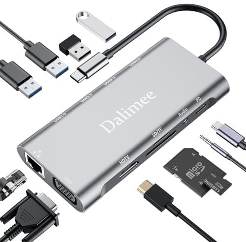 Dalimee USB C Hub 11 in 1, USB C Docking Station mit 4K HDTV, VGA, PD100W Stromversorgung, 4*USB-A, Ethernet, SD/TF Kartenleser, 3.5mm Audio, Docking Station Type C für iPhone 15/16,MacBook,iPad,usw