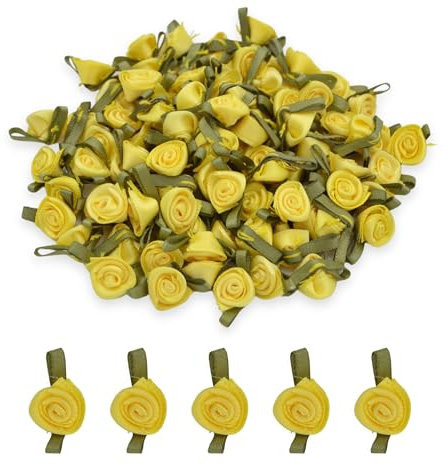 celloexpress 12mm Yellow 640 Satin Ribbon Roses with Green Leaves - Small Flower Buds - Crafts, Embellishments (Pack of 10)