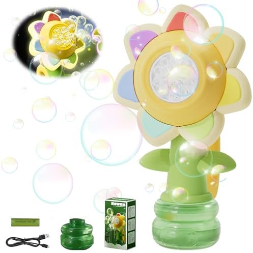Seifenblasenmaschine für Kinder,Wiederaufladbare Tanzende Sonnenblumen-Seifenblasenmaschine,Glühende luftblasen Maschine,Seven Color Bubble Machine,für Indoor Outdoor Geburtstag Party