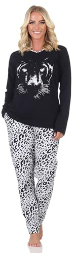 Normann Damen Schlafanzug Langarm Pyjama mit Animal Print Motiv - auch in Übergröße, Farbe:dunkelgrau, Größe:56-58