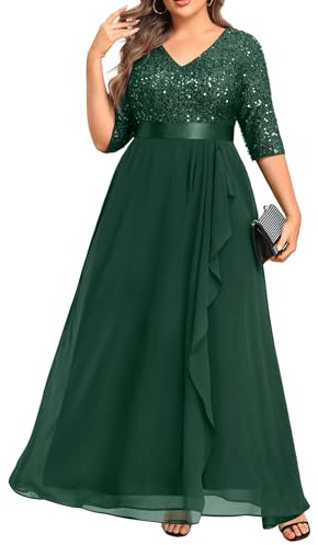 Talisea Formelle Kleider in Übergröße – V-Ausschnitt, 3/4-Ärmel, Pailletten-Abendkleider, Abschlussball, Gala, Hochzeit, Gäste, Chiffon, langes Maxikleid