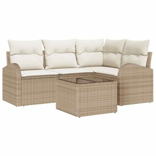 vidaXL Gartensofa-Set mit Kissen 5 pcs Beige und Weiß Poly-Rattan, Garten & Terrasse, modernes Outdoor-Sofa-Set, Robustes modulares Sitz-Element, Bequeme Lounge für Entspannung