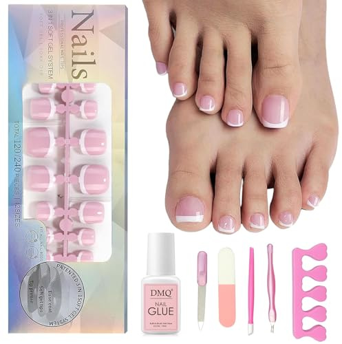 DMQ False Toenails Set, 120Pcs Square Press on Nails for Toes Short With Glue, White French Toe Nail Tips Nude Pink Fake Toe Nails, Full Cover Stick On Toenails for Women Girls Nail Art Manicure