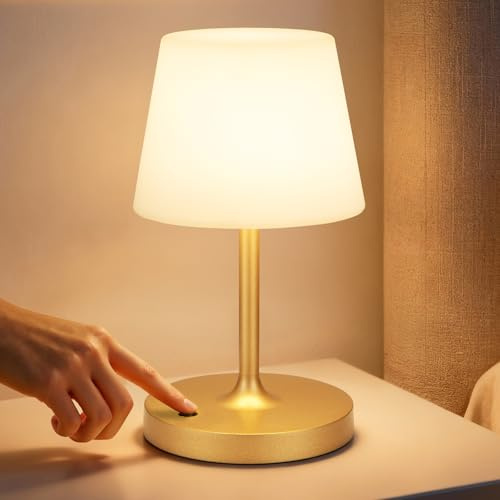 PreeOtti LED Tischlampe Kabellos, Nachttischlampe Touch, Tischlampe Kabellos Akku mit Stufenlos Dimmbar & Memory Funktion, Touch Nachttischlampe Dimmbar für Schlafzimmer, Café, Outdoor, Gold