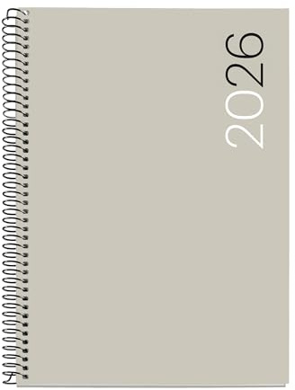 Miquelrius - Tagesplaner 2026, ähnlich A5+ (155 x 213 mm), flexibler Einband aus Polypropylen, Spiralbindung, Papier 80 g/m², Tagesplaner, ES-EN-PT, Grau