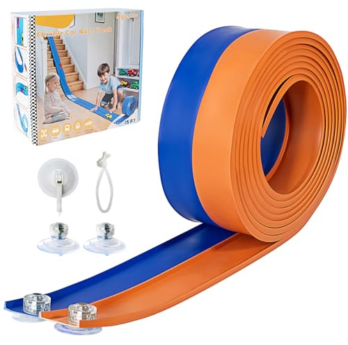 Flex Track 4.5m Starter Set, Flexible Race Car Ramp Track for Ages 3 & Up with Suction Cups Compatible with Diecast 1/64th Cars (Blue & Orange)
