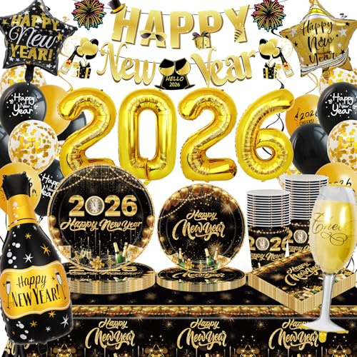 Neujahrsdekorationen 2026 Set, wiederverwendbares Geschirrset, Neujahrsdeko Ball 2026 mit Neujahrsballons, Teller und Servietten, Tischdecke.