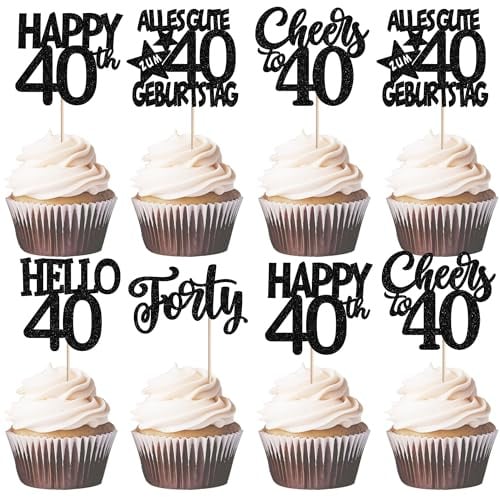 30 Stück 40th Geburtstag Tortendeko Alles Gute zum Geburtstag 40 Kuchen Deko Glitzer Forty Cupcake Toppers für Prost auf 40th Jahre Jahrestag Party Kuchen Dekorationen Schwarz