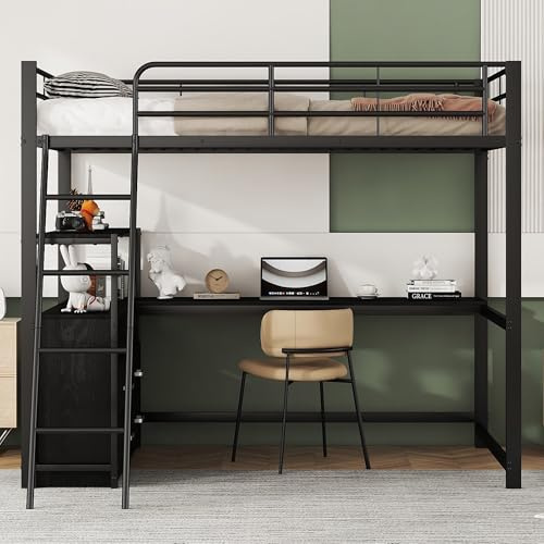 HYSZ Etagenbett,Metallbett,Hochbett, 140 * 200cm, Eisenrahmenbett, praktische Schubladen, stilvoller L-förmiger Schreibtisch, Laminatdesign, Ohne Matratze, Schwarz