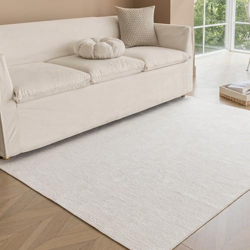 Obundi Creme Kurzflor Wohnzimmerteppich 140X200cm Waschbar Teppich | 5mm Dicke, Dünner Teppich, Rutschfest, Maschinenwaschbar, für Wohnzimmer, Schlafzimmer, Eingangsbereich, Küche