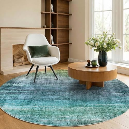 Kokia Rundteppich Petrolgrün, waschbar, rutschfest, 120 x 120 cm | Runder Boho Teppich in Petrol und Salbeigrün, weich, waschbar und rutschfest für Schlafzimmer oder Leseecke