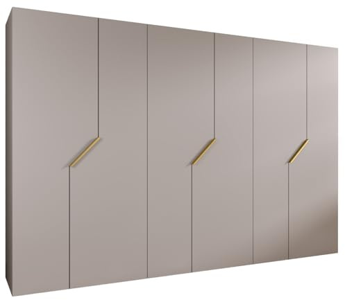 MEBLE KRYSPOL - Kleiderschrank - Garderobenschrank - 300 cm x 202 x 52 cm - Schrank mit Kleiderstange, 6 Türen - für Schlafzimmer, Flur - Andrew, Kaschmir, Griff Gold