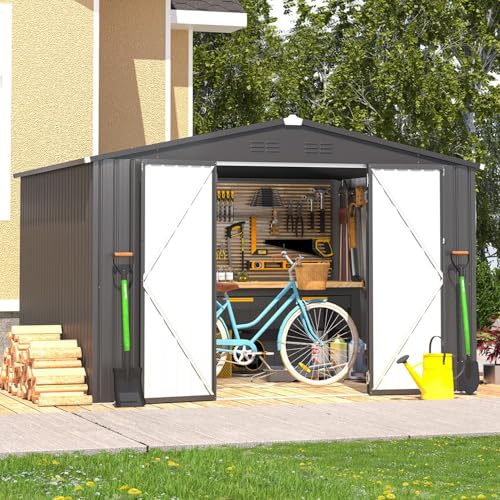 YODOLLA Metall-Geräteschuppen für Außenbereich 296 x 244 x 196cm – Dunkelgrauer Stahlgarten Gerätehau mit abschließbaren Türen, praktische Werkzeug- und Geräteaufbewahrung für Garten, Hinterhof, Terra