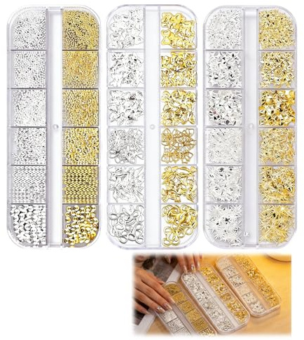 Nail Charms 3 Boîtes Décoration Ongles Nail Art, Nœuds Étoiles et Micro-Billes Métalliques, Bijoux Ongles Dorés et Argentés, Compartiments Triés pour Gel Acrylique et Vernis