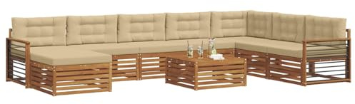 vidaXL Sofagarnituren 9 pcs Natur und Beige Massivholz Akazie, Akazienholz Outdoor-Sofa-Set, modernes Gartenmöbel, Bequeme Liege, modulare Design, Poolbereich geeignet