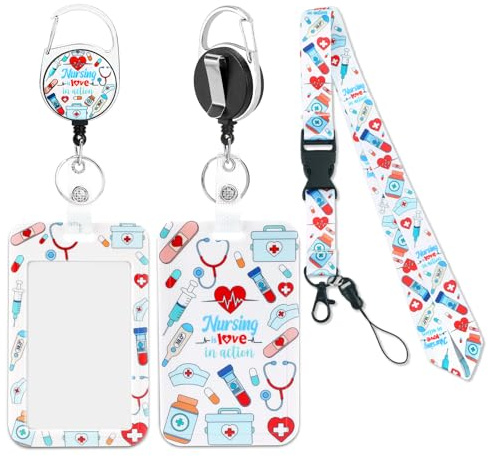 Porte Badge Tour de Cou, Porte Badge Infirmiere avec Enrouleur Rétractable Cordon Tour de Cou avec Protège Carte Cordon Clef Mignon de Sécurité Détachable pour Étudiantes Infirmières, Médecins