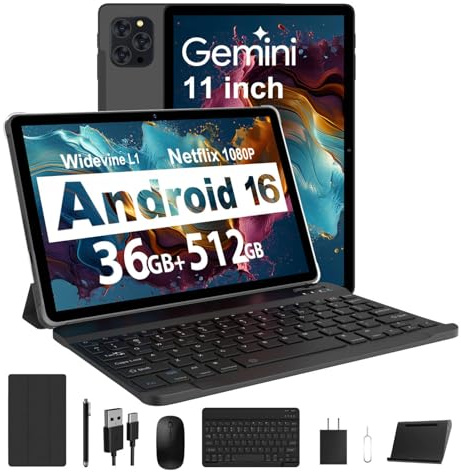 RUSHAR Tablet 11 Zoll Android 16 mit 36GB RAM + 512GB ROM (2TB TF), 4G LTE & 5G WiFi, Octa-Core 2.0 GHz, 8000mAh,13MP + 8MP, Widevine L1, Gemini AI, GPS, Face ID, BT 5.0, Tablet mit Tastatur, Schwarz