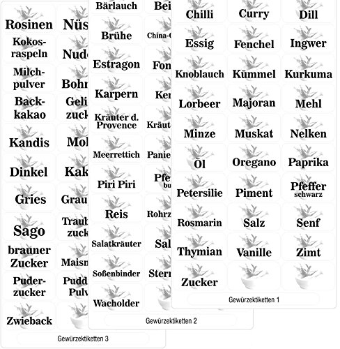 Druckspezialist 99 weiße Gewürzetiketten Vorratsetiketten (Teil 1 + 2 + 3), Etiketten, Gewürze, Aufkleber, Gewürzaufkleber 33 x 17 mm