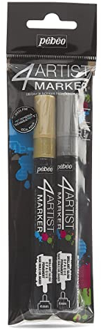 Pébéo 580897 4ARTIST Marker Set Duo 4+4MM, Peinture, Or/Argent, 21 x 8 x 3 cm