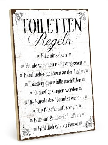 TypeStoff Holzschild mit Spruch – TOILETTEN-REGELN – im Vintage-Look mit Zitat als Geschenk und Dekoration zum Thema Toilette, Klo, Pipibox - HS-00200