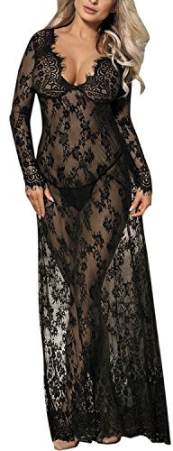 LAEMILIA Robe Maxi Femme Enceinte Bikini Cover UpDentelle Col-V Manche Longue Photographie Robe Longue Mère Enceinte (FR42=Tag XL, Noir)