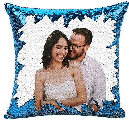 deutschwaren Personalisierte Kissen, Pailletten Kissen individuellem Bild 40 x 40 cm Foto Kissen mit Wendepailletten Startseite Schlafzimmer Sofakissen (mit Füllung) (Himmelblau)