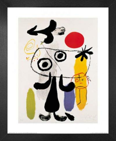 1art1 Joan Miró Poster Kunstdruck Bild und MDF-Rahmen - Figur Gegen Rote Sonne II (c) (50 x 40cm)