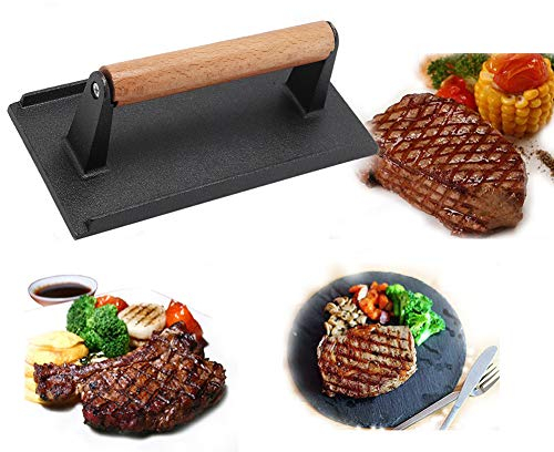 HAPPYGOU Mit Holzgriff Gewicht Presssteak Gusseisen BBQ Fleischpresse Grillplatte Professional