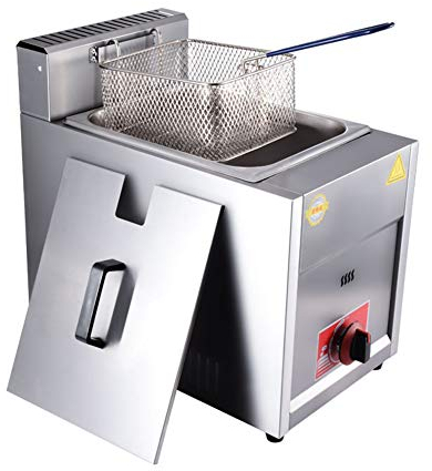 Poêle à frire Friteuse Au Gaz Butane Et Propane, Cuve À Allumage Et Assaisonnement par Impulsion De Friteuse Commerciale, Friteuse en Acier Inoxydable, avec Panier/Couvercle Anti-éclaboussures