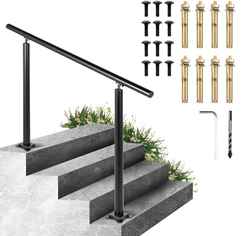 Happybuy Pasamanos para escalones al aire libre, pasamanos redondos negros de 3 a 4 peldaños para exteriores, pasamanos de escalera de aluminio ajustable, barandillas gruesas para barandilla de porche