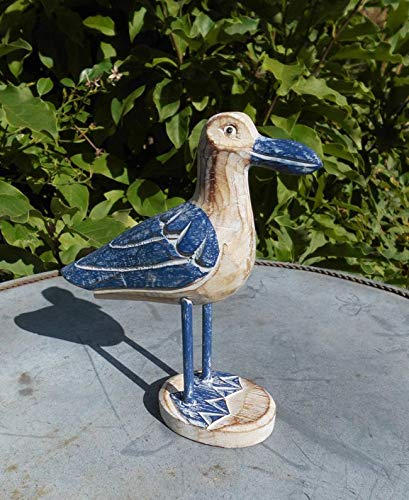 Möwe auf Fuss Holz massiv Holz Natur und blau 20 cm Maritime Deko