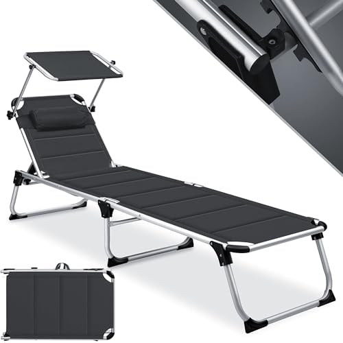 KESSER® Tumbona Sun con Parasol | Tumbona de jardín con Techo Plegable | Respaldo Ajustable, ergonómico | Silla portátil | Tumbona de Playa Superficie de Reposo Acolchada Antracita