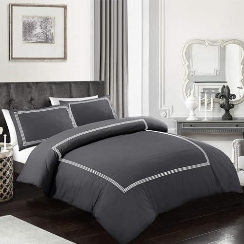 My home store Embroidered Duvet Cover Set Hotel Quality 200TC Bedding Set Soft Breathable 100% Poly Cotton Quilt Cover with 2 Pillowcases (Bratta Stitch Charcoal, Super King)