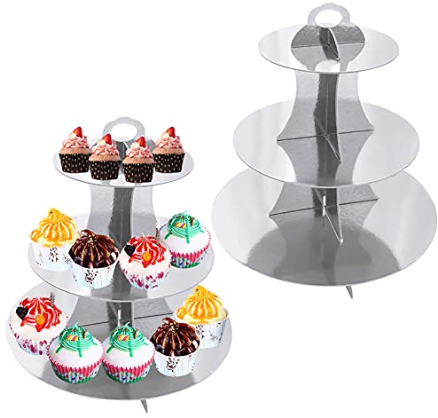 Fodlon Paquete de 2 Soportes Cupcakes para Cumpleaños, 3 Niveles Soporte Cartón Pasteles, Soporte de Magdalenas Redondo Soporte Postre para el Postre, Boda,Fiesta,Té la Tarde, Fruta (Plata)