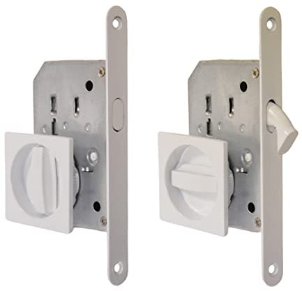 BricoShopping® Juego de tiradores para puerta interior de madera con cerradura empotrable, gancho ciego cuadrado y boquilla de acero (cuadrado con cerradura, blanco)