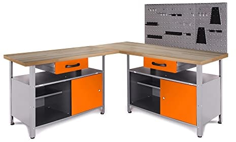 Ondis24 Werkstatt Set Ecklösung One, Werkbank, 120 + 60 cm Buchenholzarbeitsplatte, Werkzeugwand Lochwand, Haken Set, Metall (Arbeitshöhe 85cm, orange)