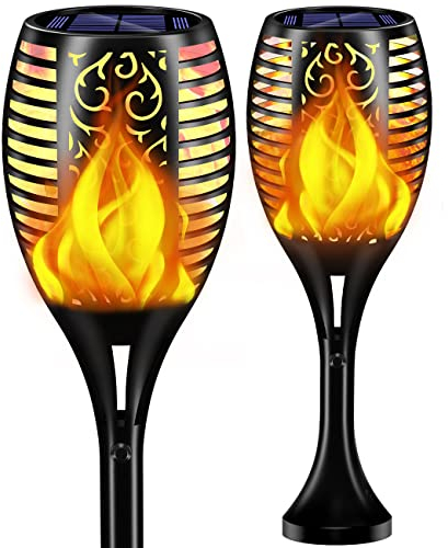 Lafhome Solar Flammenlicht für Außen, 96LED Solarleuchten mit Wasserdicht IP65, Solarlampen für Außen mit Realistischen Flammen Automatische EIN/Aus Warmlicht für Garten Weg Hof (2 Stück)