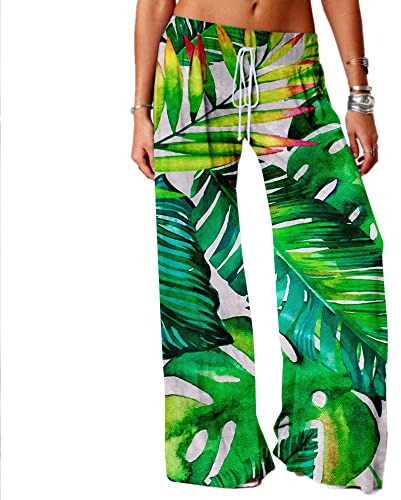 Pyjama Hosen Damen,Weiche, Bequeme Damen-Pyjamahose, Lässig, Übergröße, Grünes Monstera-Blatt, Dschungelpflanzendruck, Frühling, Lockere Schlafhose, Stretchhose Mit Kordelzug, Weites Bein, YOG