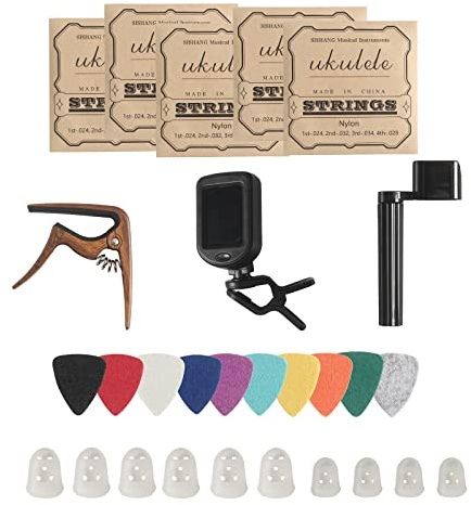 Ukulele Strings Accessories Kit, Nylon Ukulele Strings Set, Tuner, Felt Picks, Capo, Finger Protectors,String Winder for Soprano Concert Tenor Ukulele (28PCS, Walnut color)