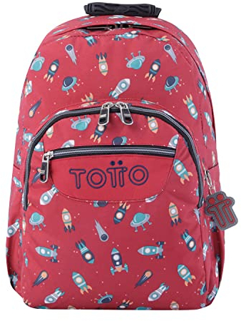 TOTTO - Mochila Escolar Adaptable a Carro, Modelo Acuareles, Capacidad 20 L, Bolsillo para Botella, Espaldar Ergonómico con Flujo de Aire, Correas en S para Mayor Comodidad, Estampado Cohetes