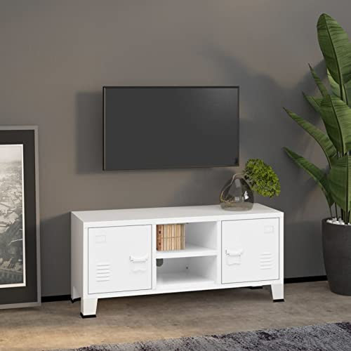 CANLAY Meuble TV Table Television Buffet Armoire Basse Centre de Divertissement Meuble de Salon Maison Intérieur Meuble TV Industriel Blanc 105x35x42 cm Métal