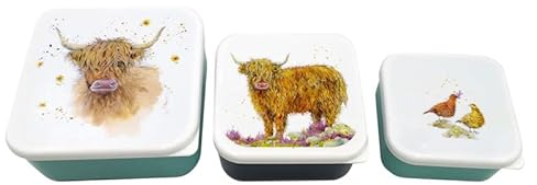 Puckator Jan Pashley Highland Coo Cow Set of 3 Lunch Box Snack Storage M/L/XL - Lunchbox with Multi Compartments - Small Food Containers - Lunchbox for Adults and Kids - Girls Boys Lunchbox