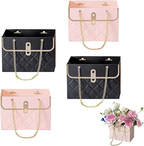 NADUSEP 4 Stück Blumen-Papierbox, Blumenstrauß-Aufbewahrungseimer, Floristen-Handtasche mit Metallkette, Blumenstrauß, Geschenkverpackung, für Abschlussfeier, Geburtstag, Muttertag (schwarz und rosa)