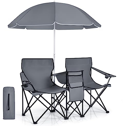 GIANTEX Chaise Camping Pliante pour 2 Personnes, Fauteuil Camping avec Parasol, Porte-gobelet, Sac Isotherme, Sac de Transport, pour Pêche, Pique-Nique, Plage(Gris)