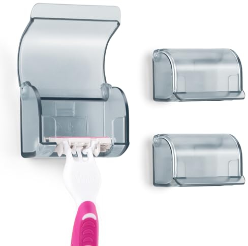 HONZUEN 2 Stück Rasierer Halterung, Razor Holder mit Abdeckung, Staubdichtes Design, Leichtes Acryl, Selbstklebende Rasierhalter Ohne Bohren, Wandmontierter Rasiererhalter für Damen-Handrasierer,Grau