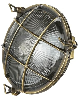 Licht-Erlebnisse Außenleuchte Wand Messing Glas in Antik IP64 Balkon Garten Ø21 cm E27 rund Gitter Maritim Rustikale Schiffsleuchte Wandlampe SERIFOS