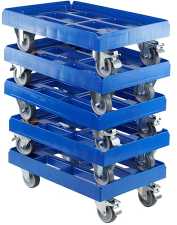 5 Stück Transportroller für Kisten 60 x 40 cm mit 2 Bockrollen und 2 Bremsen in blau