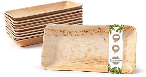 BIOZOYG 100x Bols à Snacks en Feuille de Palmier 125 ml 13,5 x 8 cm rectangulaires - Bols pour Apéritifs - Assiette Antipasti Jetable pour Snacks