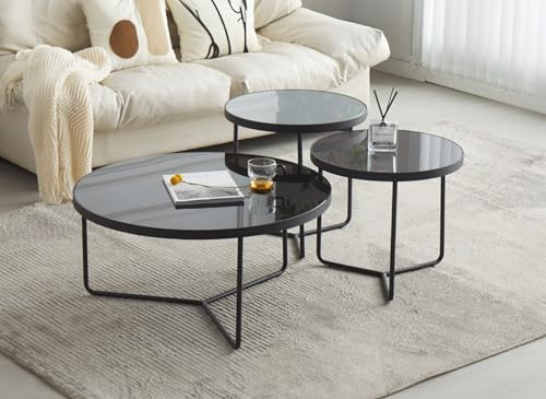 DecoInParis Lot de 3 Tables Basses Rondes en Verre et Pieds métal Noir Jakie